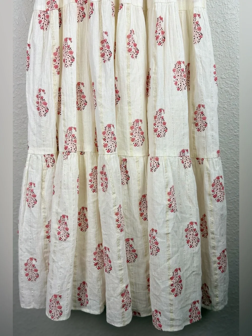 A Loves A Girls Ivory Floral Metallic Accent Boho Tiered Flutter Maxi Dress M
